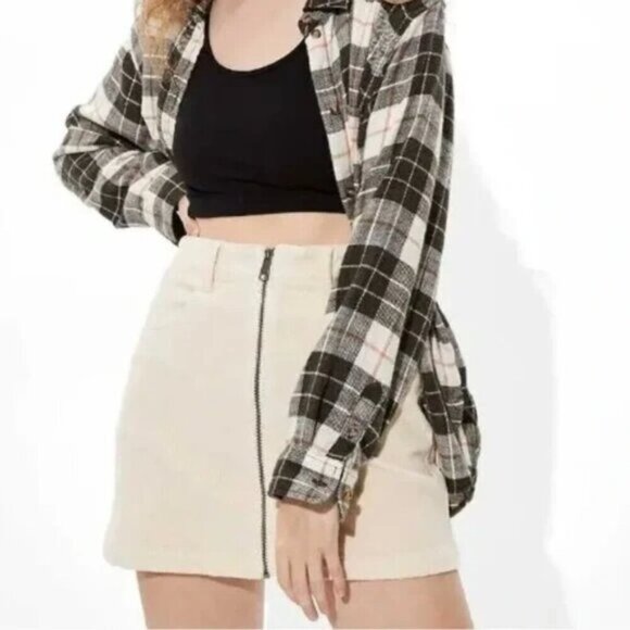 NWT AMERICAN EAGLE Corduroy Super Hi-Rise A-line Mini Skirt 12 Cream - Picture 1 of 7